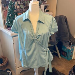 Van Heusen Teal Blue Wrap Blouse with Notched Collar